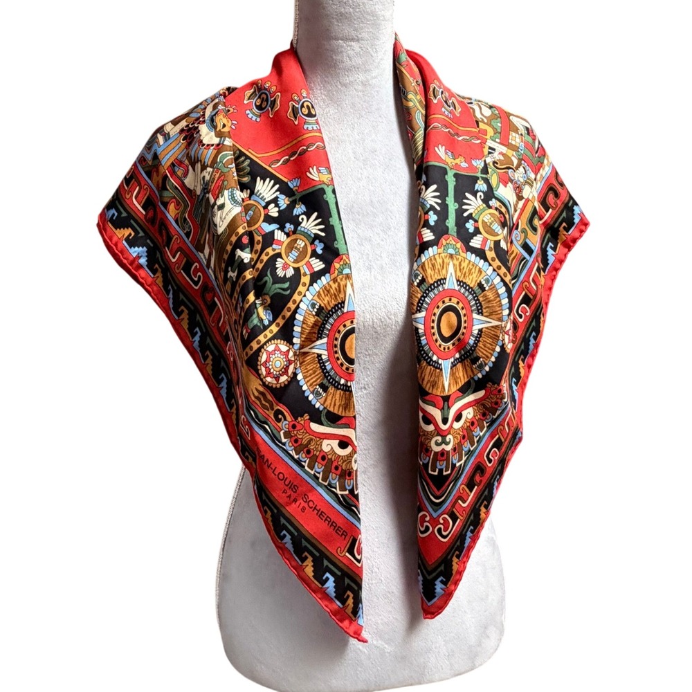 Jean-Louis Scherrer Paris Red Silk Scarf Mayan Aztec Print Made in France